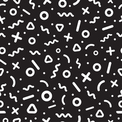 Scattered Geometric Line Shapes. Abstract Background Design. Vector Seamless Black and White Pattern.
