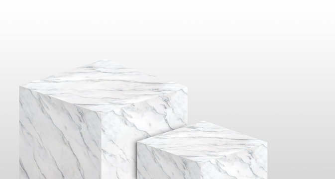 Product display stand made from white glossy marble in two step with copy space for display of content design or replace your background,Banner for advertise product on website,3d rendering
