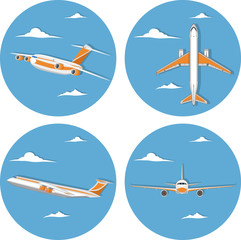 Aviation icon set with jet airplane in sky