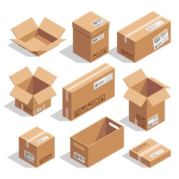 Opening and closed cardboard boxes. Isometric illustration set