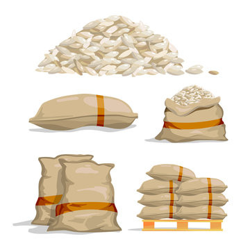 Different Sacks Of White Rice. Food Storage Vector Illustrations