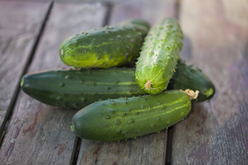 Cucumbers on a old wooden table.