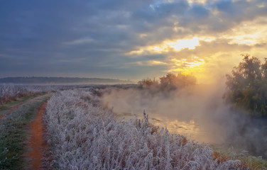 Fototapeta premium Foggy Sunrise Over The River