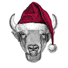 Buffalo, bison,ox, bull Christmas illustration Wild animal wearing christmas santa claus hat Red winter hat Holiday picture Happy new year © helen_f