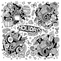 Line art set of holidays doodle designs