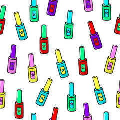 Seamless pattern with colorful nail polish on white. Vector illustration. Fashion background.