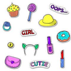 Set of cute stickers with shadows on white. Sweets, girls accessories, text. Vector patch badge collection. 