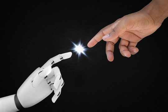 Human and robot hands reaching - Artificial Intelligence