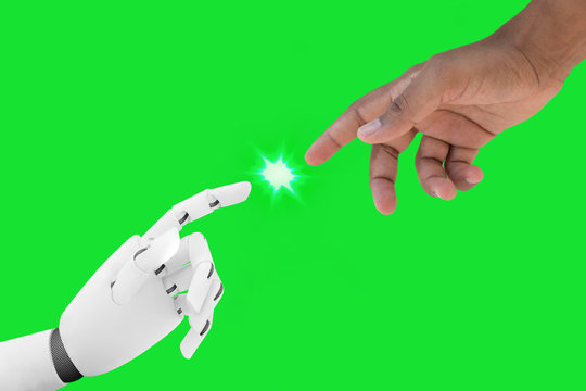 Human and robot hands reaching over green screen