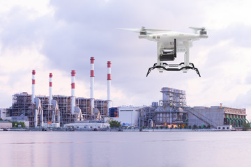 Pollution sensor Drone flying survey on industry zone, Technology 4.0 concept