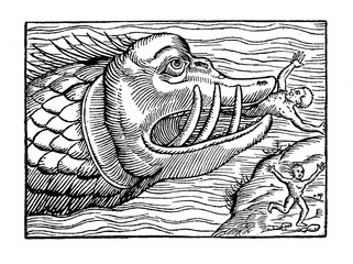 Sea monster eating humans, medieval engraving, year 1550