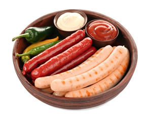 Roasted sausages with sauces on white background