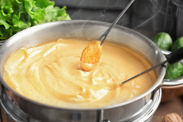 Rusk and cheese fondue, closeup