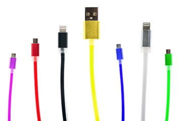 Eight multicolored usb cables, with connectors for micro and for iphone or ipad, stand upright, on a white isolated background. The family unites. future technologies. Horizontal frame