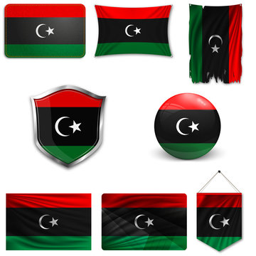 Set of the national flag of Libya in different designs on a white background. Realistic vector illustration.