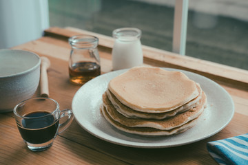 Pancakes for Breakfast, Delicious Breakfast, pancakes and coffee, Coffee with milk, vintage tone