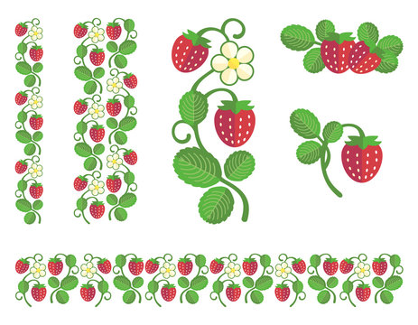 Strawberry colored stem with berries, flower and leaves. Flat colors set of design ornament elements