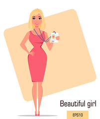 Cartoon businesswoman. Beautiful blonde lady in fashionable dress showing badge. Vector illustration. EPS10