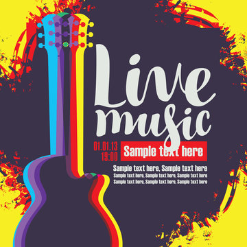 Vector banner with multicolor acoustic guitar on abstract colored background, inscription live music and place for text in retro style