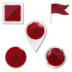 Set of icons of the national flag of Morocco in different designs on a white background. Realistic vector illustration. Button, pointer and checkbox.