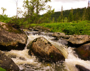 Large stones in a forest and rugged stream nature of the forest non-natural