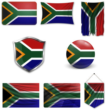 Set of the national flag of South Africa in different designs on a white background. Realistic vector illustration.