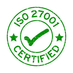 Grunge green ISO 27001 certified round rubber seal stamp on white background