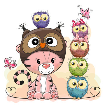 Cute Cartoon Tiger and five Owls