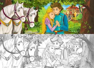 Obraz na płótnie Canvas Cartoon scene with cute royal charming couple on the meadow - beautiful manga girl - with coloring page - illustration for children