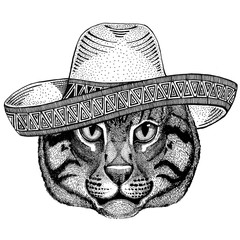 Wild cat Fishing cat Wild animal wearing sombrero Mexico Fiesta Mexican party illustration Wild west