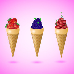 Waffles cones with strawberry, cherry, blueberry on pink background. Healthy food concept. Vector illustration