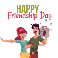 Happy friendship day greeting card design with friends having fun at a party, cartoon vector illustration isolated on white background. Boys and girls dancing