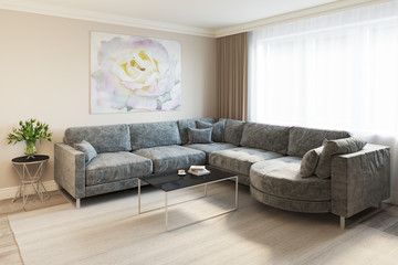 3d rendering of a modern living room with a gray sofa 2