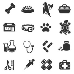  Caring for animal health, monochrome icons set. Pet services.Veterinary clinic, isolated vector illustrations.