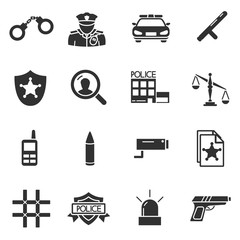 Law, police, monochrome icons set. Compliance with the law and punishment, isolated vector illustrations. Justice, simple symbols collection