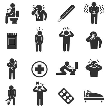 Health conditions, sickness. Monochrome icons set. Disease states. Health conditions , simple symbols collection