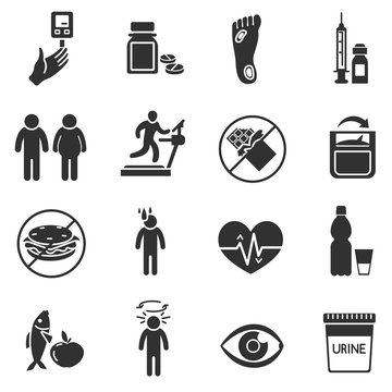 Diabetes. Monochrome Icons Set. Diagnosis And Health Care.