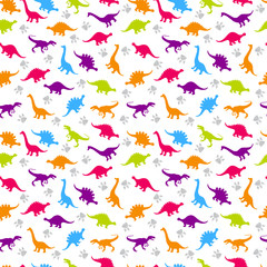 Cute kids pattern for girls and boys. Colorful dinosaurs on the abstract grunge background create a fun cartoon drawing. The background is made in neon colors. Urban backdrop for textile and fabric.