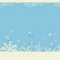 Blue winter Christmas background with glittering snowflakes. Seamless horizontal New Year pattern.