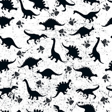 Cute kids pattern for girls and boys. Colorful dinosaurs on the abstract grunge background create a fun cartoon drawing. The background is made in neon colors. Urban backdrop for textile and fabric.