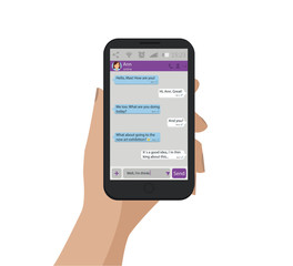 Fototapeta na wymiar Hand holding mobile phone. Vector illustration. Chat concept. Messenger window.