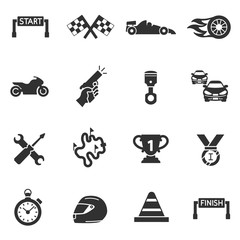 Sports racing. Competition on cars and motorcycles. Monochrome icons.