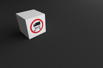 3D RENDERING OF ROAD SIGN ON WHITE CUBE WITH GREY BACKGROUND