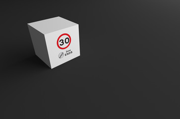 3D RENDERING OF ROAD SIGN ON WHITE CUBE WITH GREY BACKGROUND