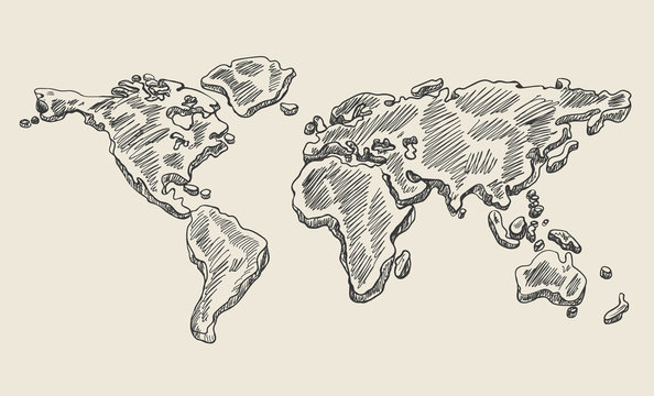 Hand drawing doodle world map. Vintage earth vector sketch