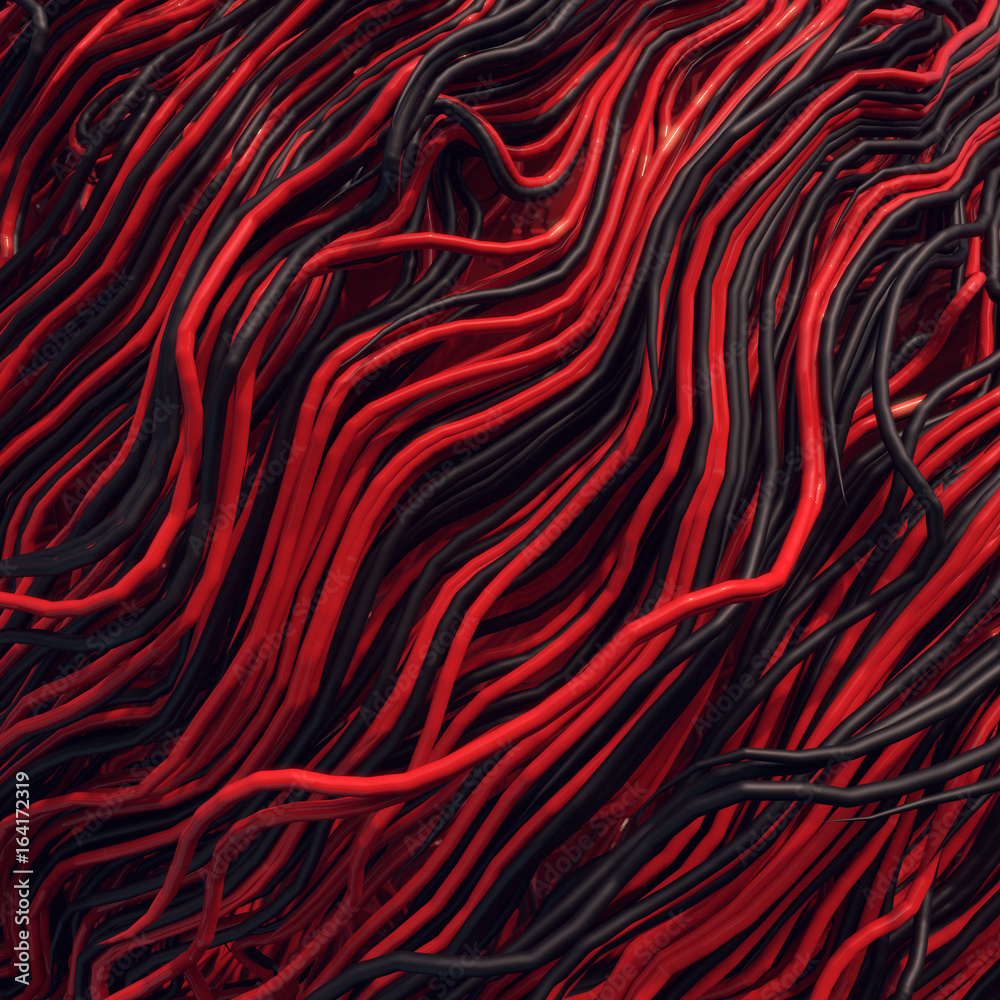 Poster Curl noise flow abstract colored lines. Very shallow depth of field. 3D rendering