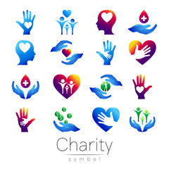 Vector illustration. SET Symbol of Charity. Sign hand isolated on white background.Blue Icon company, web, card, print. Modern bright element. orphans Help kids campaign. Family children