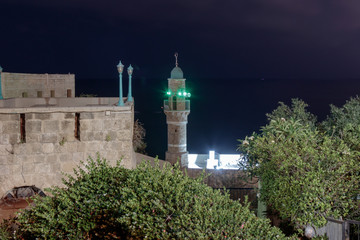 Al-Bahr Mosque night in old city Yafo,  Israel.
