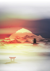 Japanese Landscape Background with Mountains and Arch Sunset with Fog  - Vector Illustration - 164172574