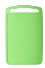 Colored green plastic cutting board, ionized on white background